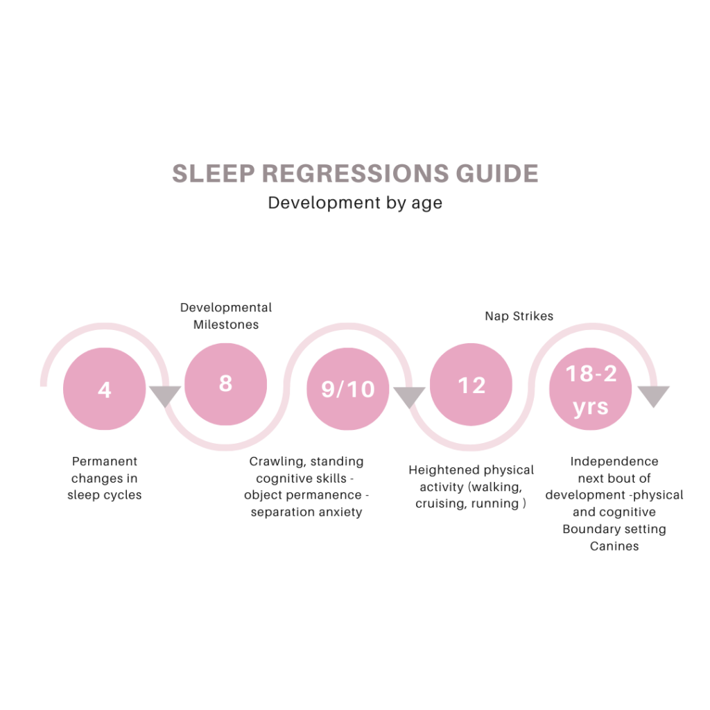 An infographic highlighting key ages when baby sleep regressions commonly occur. The design features a simple timeline with markers at 4 months, 6 months, 8-10 months, 12 months, 18 months, and 2 years.